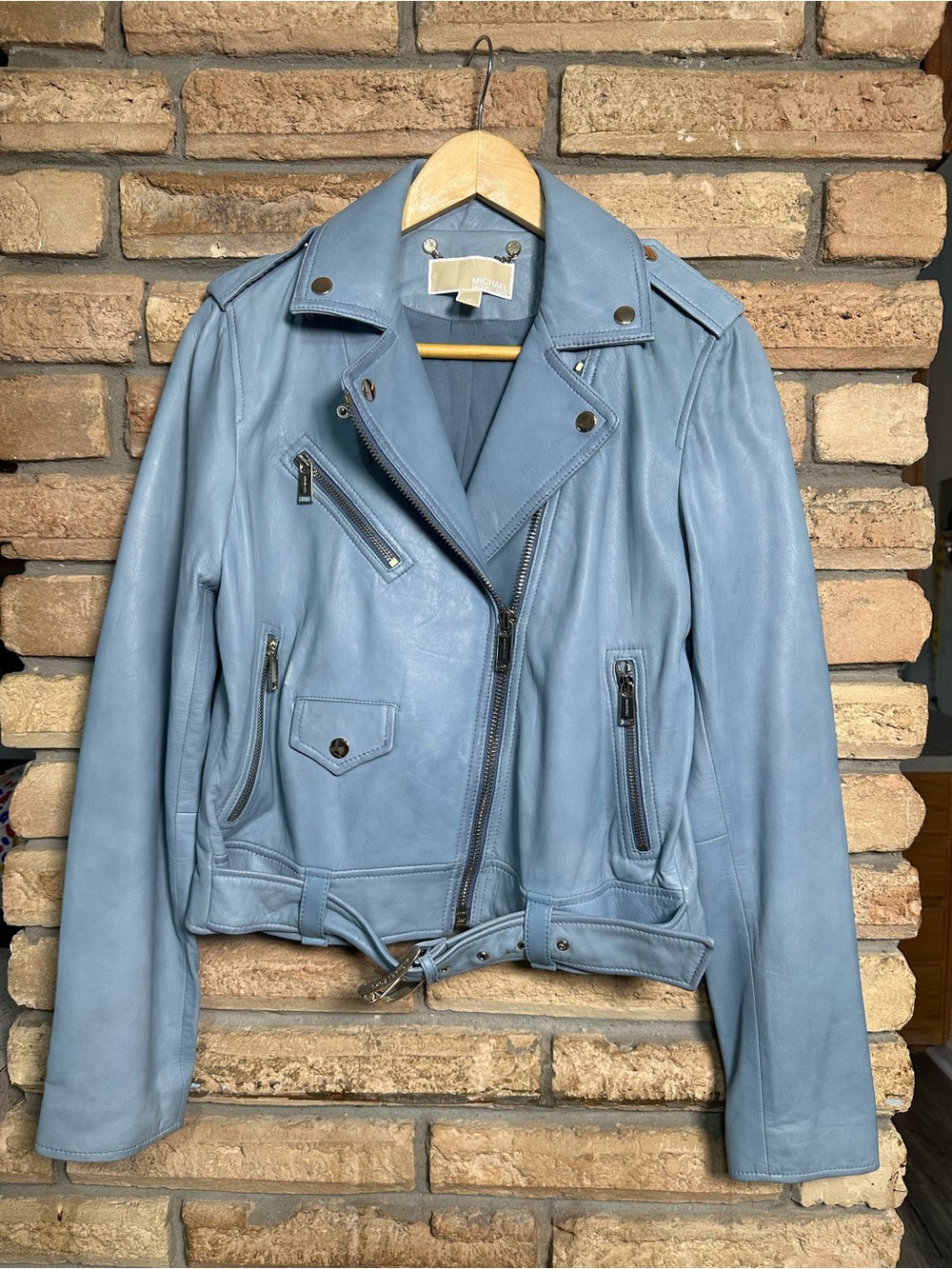 Michael Kors Powder Blue Lamb Leather Moto Jacket